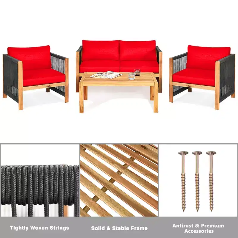 Costway 4PCS Wooden Patio Furniture Set Cushioned Sofa W/Rope Armrest White\Turquoise\Red