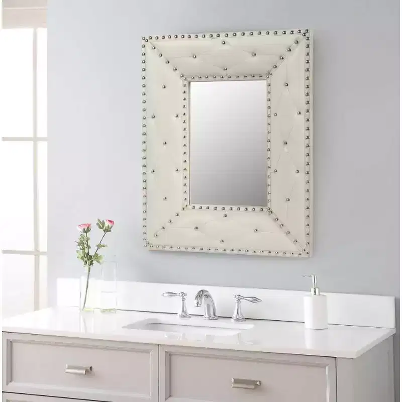 Rectangular Rivet Decor Wall Mirror, PU-Wrapped MDF Frame
