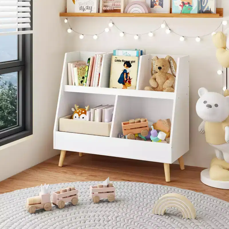 Kids Bookshelf and Toy Organizer, 5 Cubbies Wooden Open Bookcase, 2-Tier Baby Storage Display Organizer with Legs, Free Standing for Playing Room