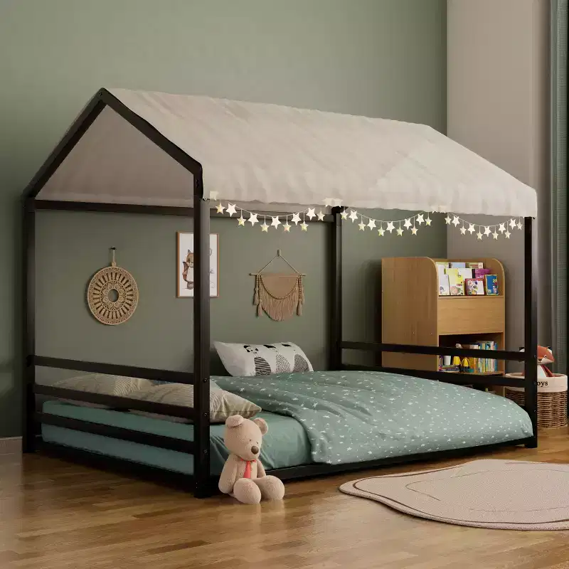 Twin/Full Montessori Floor Bed Frame, Metal House-Shaped Low Bed with Guardrails