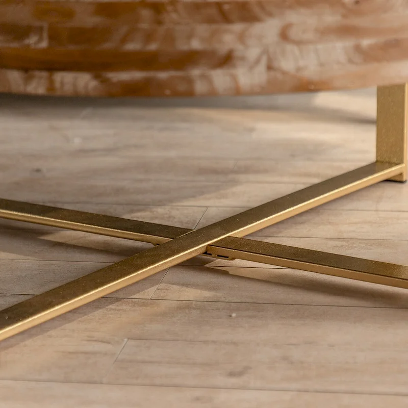 31.29 Splicing Round Coffee Table,Fir Wood Table Top with Gold Cross Legs Base