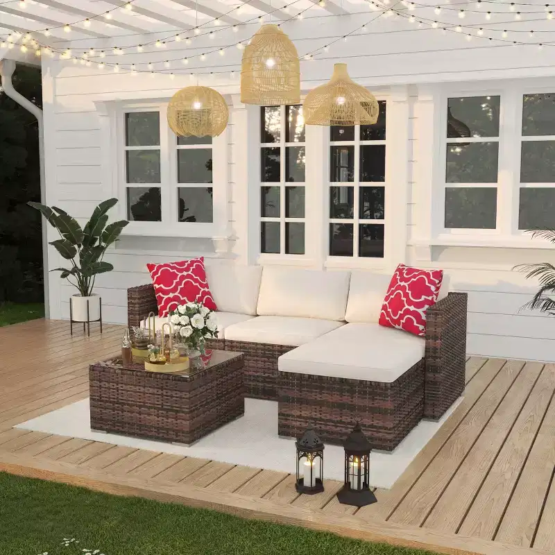 5 Pieces Patio Furniture Set, All-Weather Wicker Sectional Sofa With Anti-Slip Cushions, Rattan Outdoor Patio Furniture Sofa Set With Ottoman