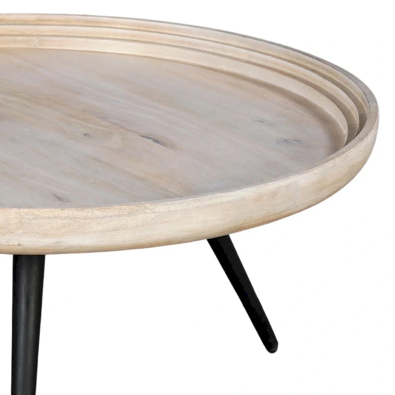 30-Inch Round Tray Top Coffee Table, Handcrafted Mango Wood, Washed White