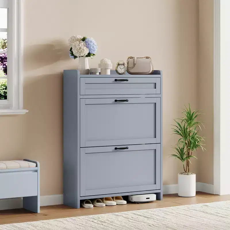 Wooden Shoe Cabinet with 2 Flip Drawers & 1 Top Drawer, Adjustable Shelf – Holds 12–16 Pairs