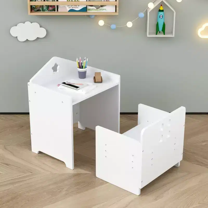 JVNOXK Wooden Children's Desk and Chair Set, Featuring a chalkboard and height-adjustable step stool, Suitable for children aged 1-3 years