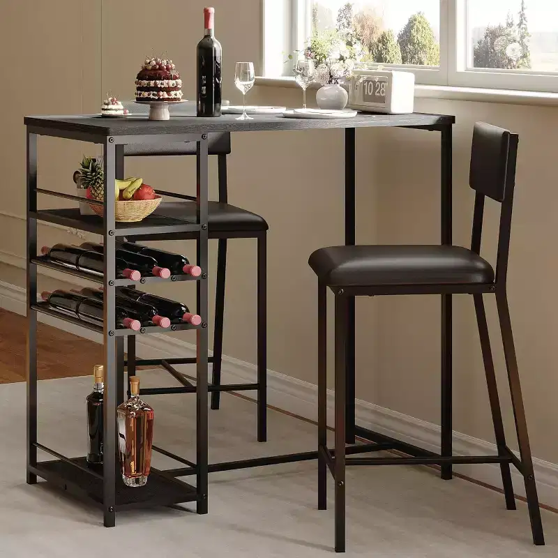 Counter-Height Dining Set for 2 with Storage Shelves  Bistro Table & Upholstered Chairs, Space-Saving Kitchen Set for Apartments