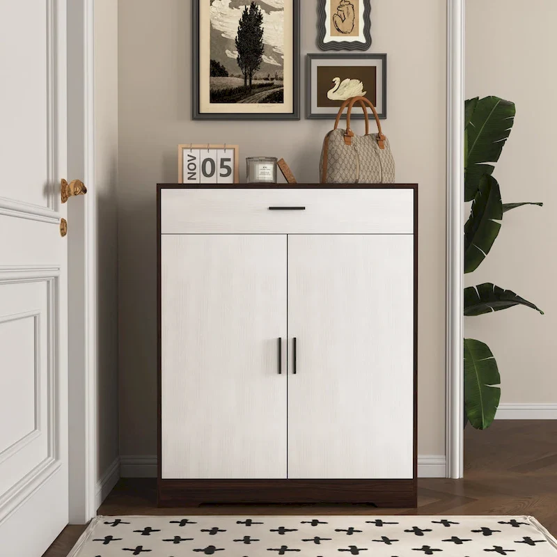 Shoe Cabinet, 4-Tier Shoe Rack Organizer with 1 Drawer, Freestanding Shoe Storage Cabinet with 2 Door & Adjustable Shelves