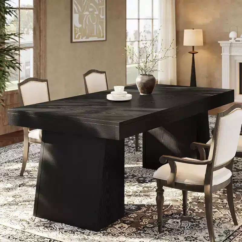 55-Inch Black Farmhouse Rectangular Dining Table with Double Pedestal for 4-6 People, Wood Furniture for Home Dining Room, Small Space