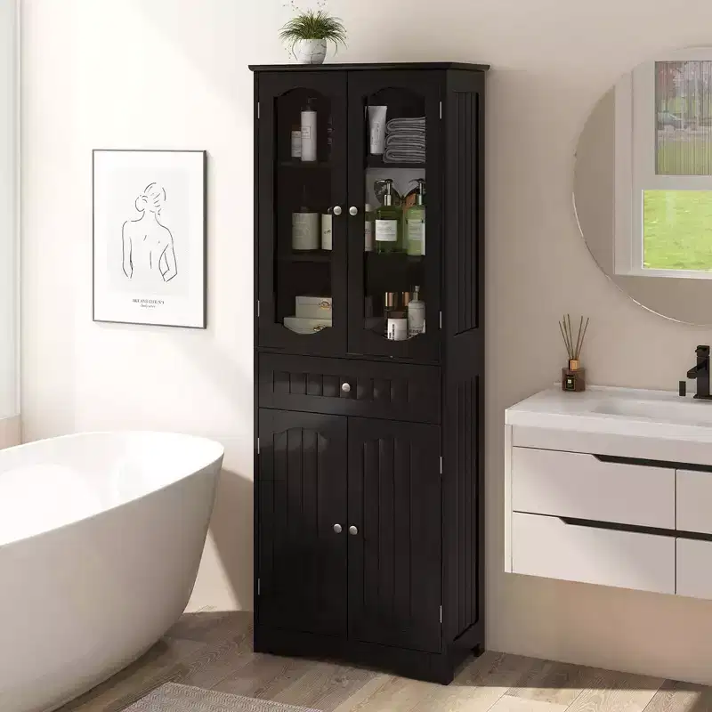 Costway 63 Tall Bathroom Cabinet with Tempered Glass Doors Adjustable Shelves Large Drawer White/Black