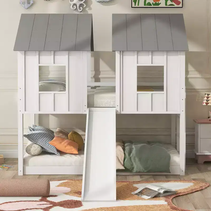 Twin Over Twin Playhouse Bunk Bed with Slide, Floor House Bunk Beds with Windows and Roof for Boys and Girls, White