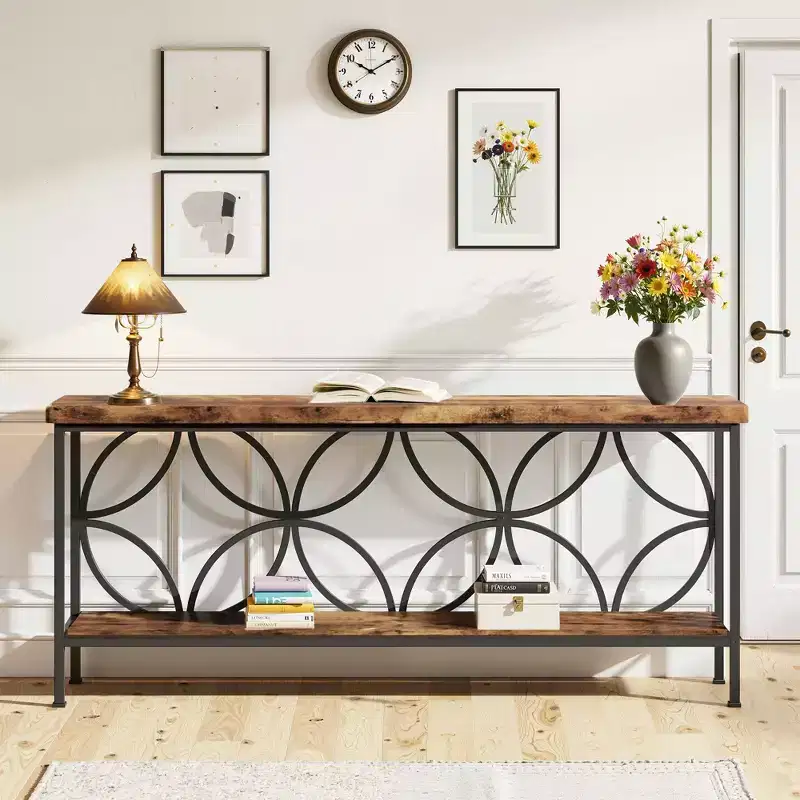 MAYEERTY 2-Tier Console Table High-Grade Particle Board Steel 198Lbs Capacity Adjustable Foot Pads
