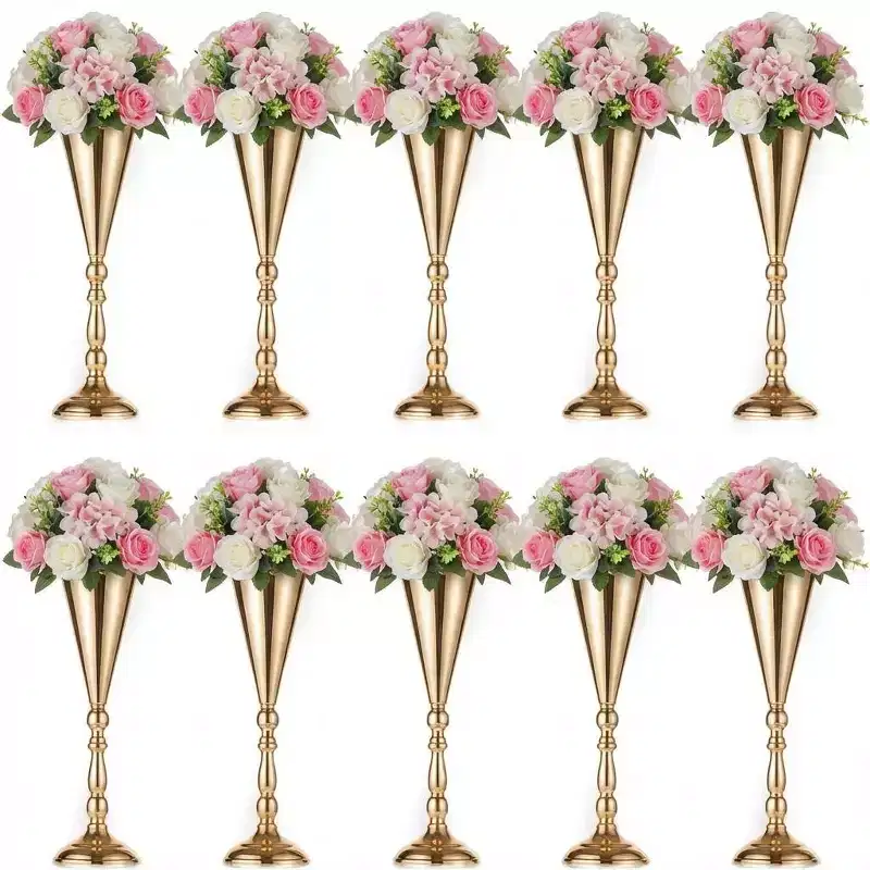 Elegant Gold Trumpet Vase Candle Holder Set 16.5 Inch Tall Tabletop Flower Stand for Weddings Anniversaries Home Decor