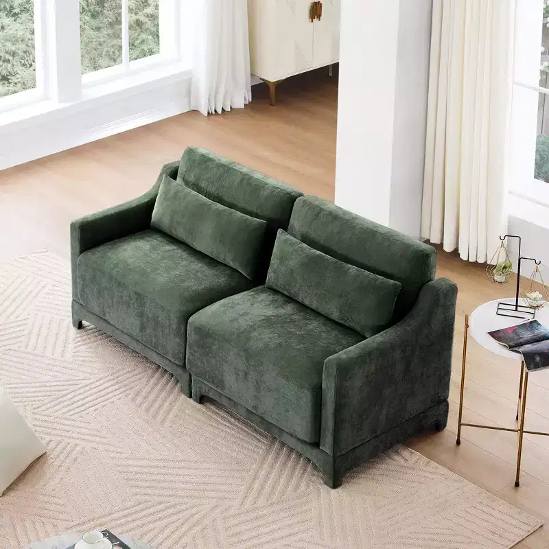 2-Seater High Quality Wood Frame Chenille Green Fabric Armrests Sofa with 2 Lumbar Pillows Resilient Sponge Easy Install