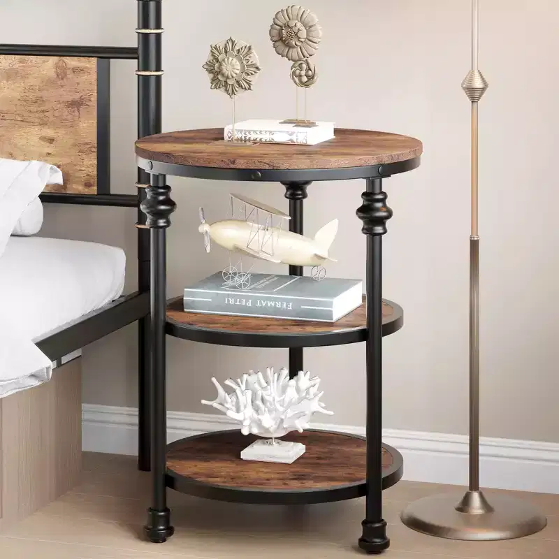 Round Side Table with 3 Shelves, Small End Table for Living Room, Bedroom, Steel Frame Nightstand & Coffee Table