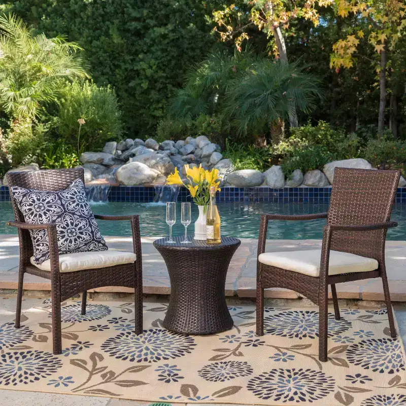 GDFStudio Angelica Outdoor Wicker and Iron 3 Piece Chat Set with Water Resistant Cushion, Brown/Beige