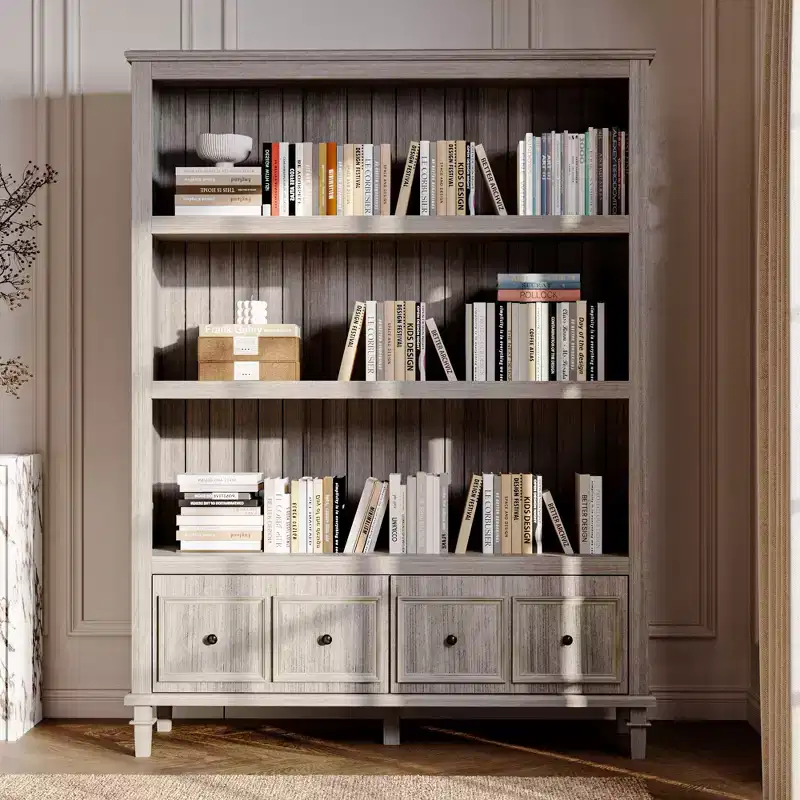 Light Gray Vintage Display Cabinet, Retro Bookcase with 3 Open Shelves & 4 Drawers