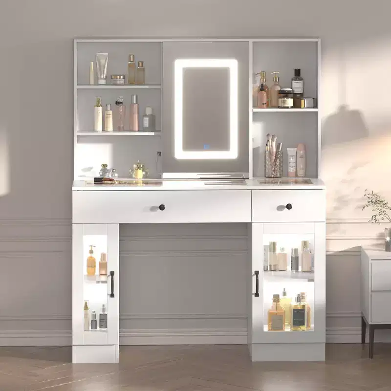Acekool 41 White Makeup Vanity Desk with Mirror & Adjustable LED Lights, Power Outlet, 2 Drawers, 4 Glass Cabinets, Vanity Table Set for Bedroom
