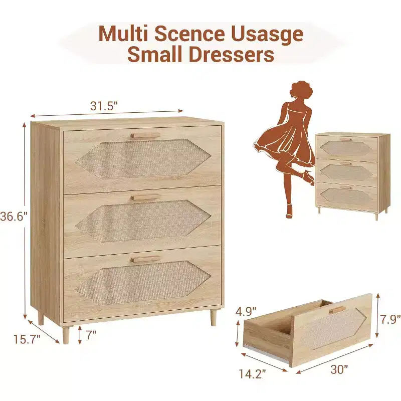 3 Drawer Rattan Dresser, Rustic Oak Wood Chest of Drawers with Woven Fronts, Modern Storage Cabinet for Bedroom, Living Room, or Entryway