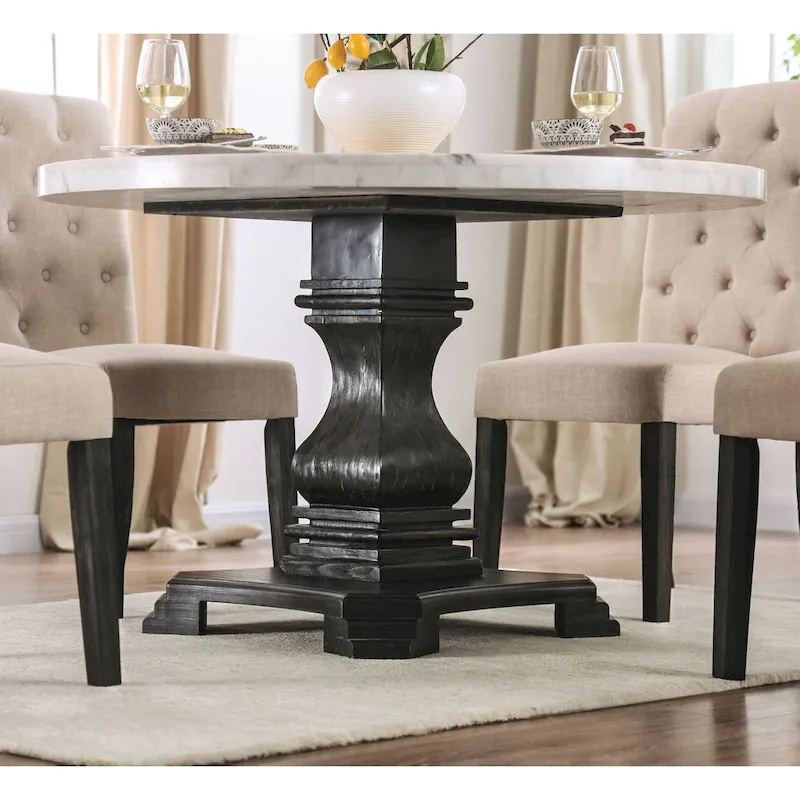 Brec Farmhouse Marble Top 5-Piece Round Dining Table Set with Tufted Chairs by Furniture of America