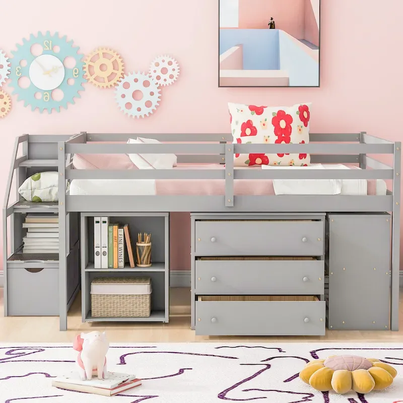 Full Size Loft Bed with Retractable Desk, 3 Drawers, Storage Stairs and Shelves