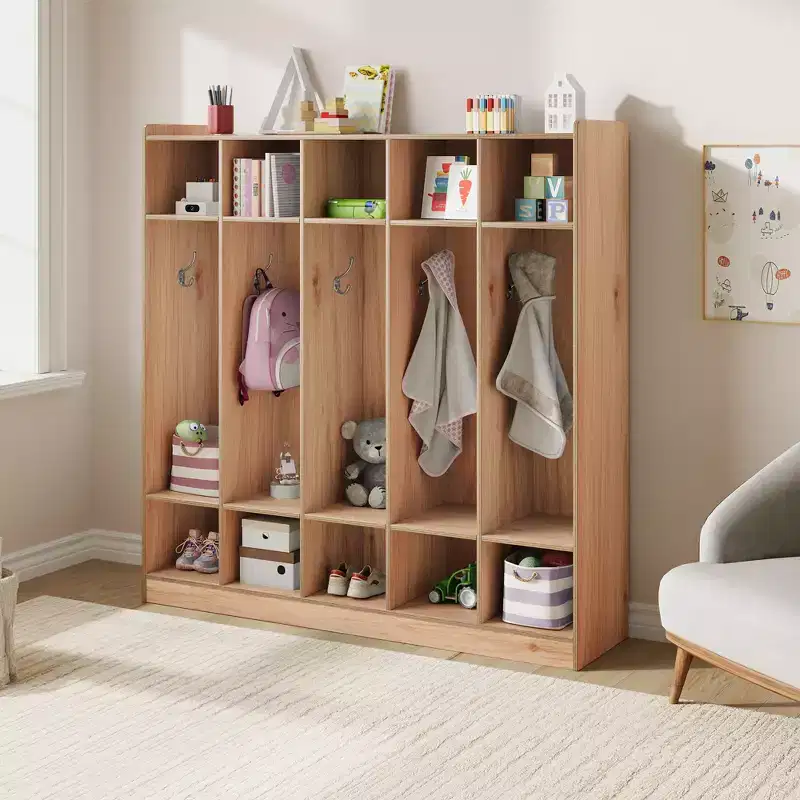 5-Section Coat Locker with 10 Cubbies & Hooks - Spacious Storage Organizer for Kids, Classroom, Nursery, Kindergarten