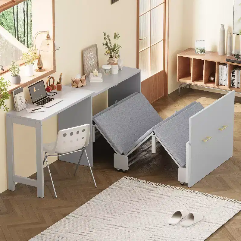 Twin Size Murphy Bed Space with Foldable Cushion, Saving Foldable Bed Murphy Chest Dresser Bed with Adjustable Position Desk, White/Gray - ModernLuxe