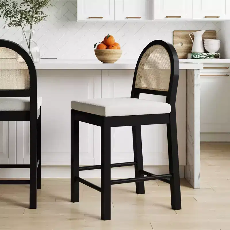 Curved Back Counter Height Barstool Rattan/Boucle Cream 24