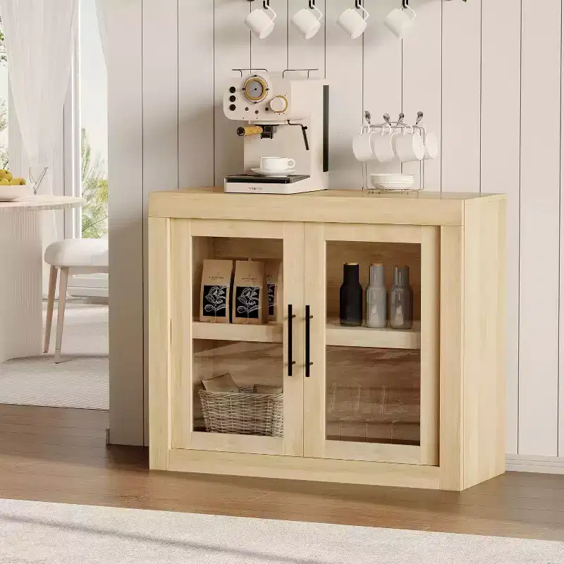 71 Sideboard Buffet Cabinet with 4 Doors, Mid Century Modern Accent Cabinet with Storage for Living Room Kitchen, Natural