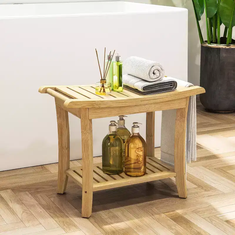 Bamboo Shower Bench with Storage Shelves 330lb Capacity Waterproof