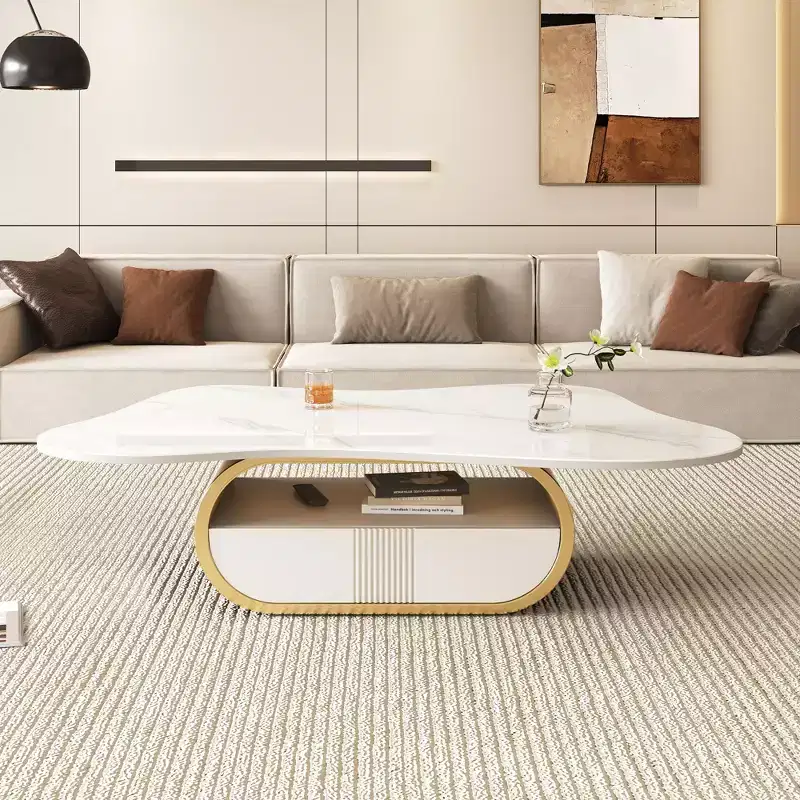 GDFStudio Spencer 41.7 Steel and Wood Pedestal Coffee Table with Sintered Stone Top