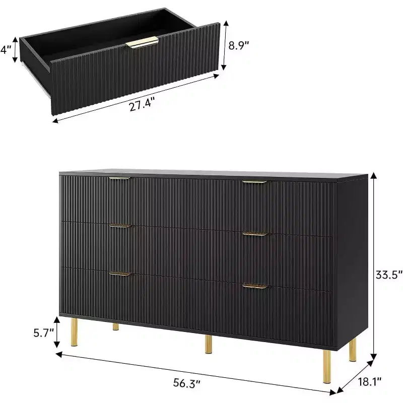 Modern 6 Drawer Dresser for Bedroom with Gold Handle and Large Drawer, Wood Double Chest of Drawers and Storage Organizer