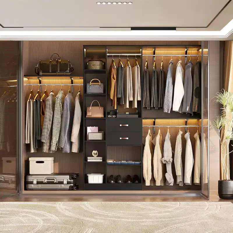 Besiost 96-In Closet Organizer System with Wood Drawers, Tower Shelving, Hanging Rods
