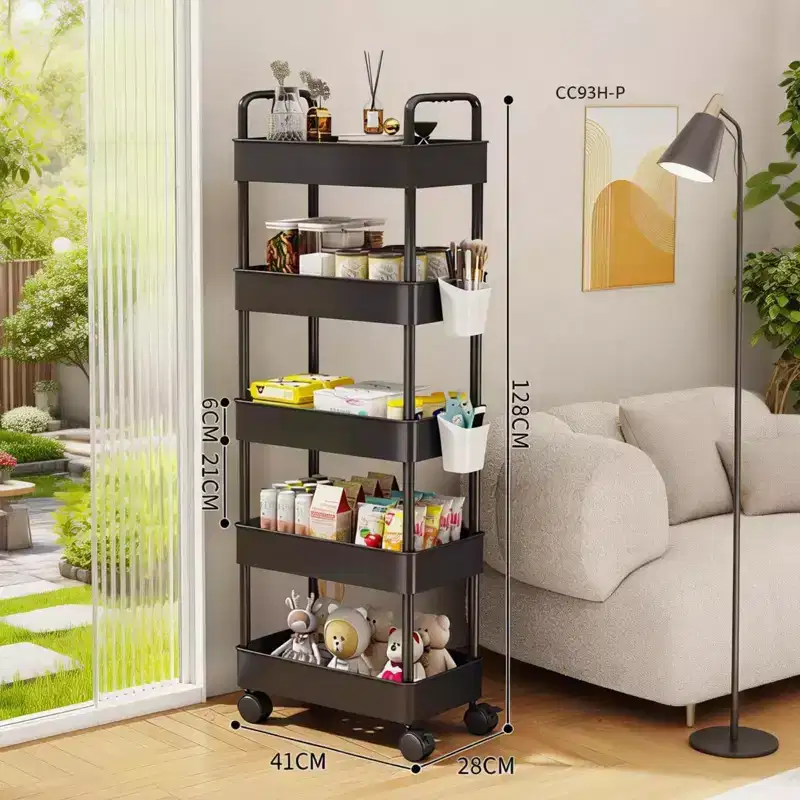 Slim 5-Tier Rolling Storage Trolley Cart with Handle, Narrow Space-Saving Utility Organizer Rack, Mobile Shelving Unit for Kitchen, Bathroom, Laundry