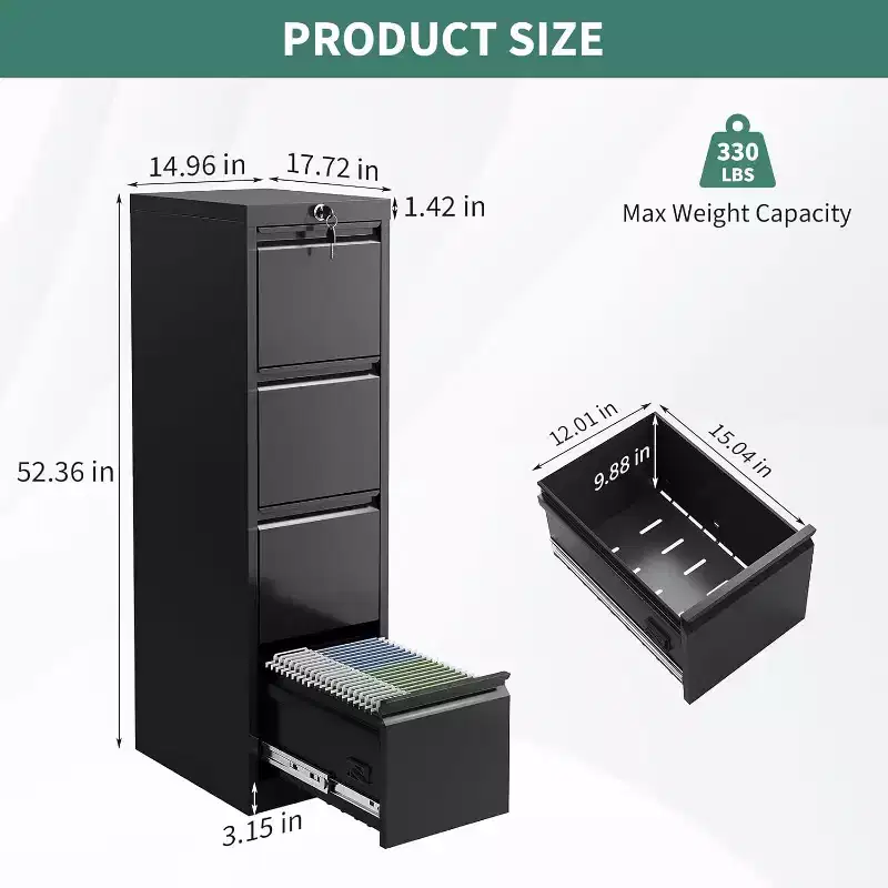 4 Drawer File Cabinet with Lock, Metal Filing Cabinets, Vertical Small Filing Cabinet Steel Lockable Storage Cabinets for Home Office