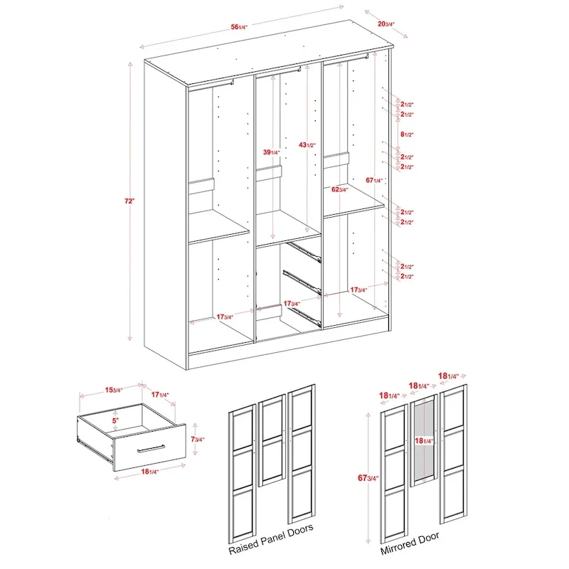 3-Door Solid Pine Wood Wardrobe Armoire, 72
