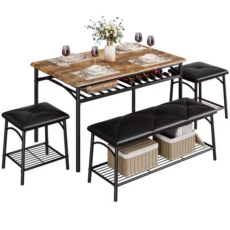 Dining Room Table Set for 4, Kitchen Metal Table Set with Upholstered Bench & 2 Square Stools, 4 Piece Dinette Set with Storage Shelves