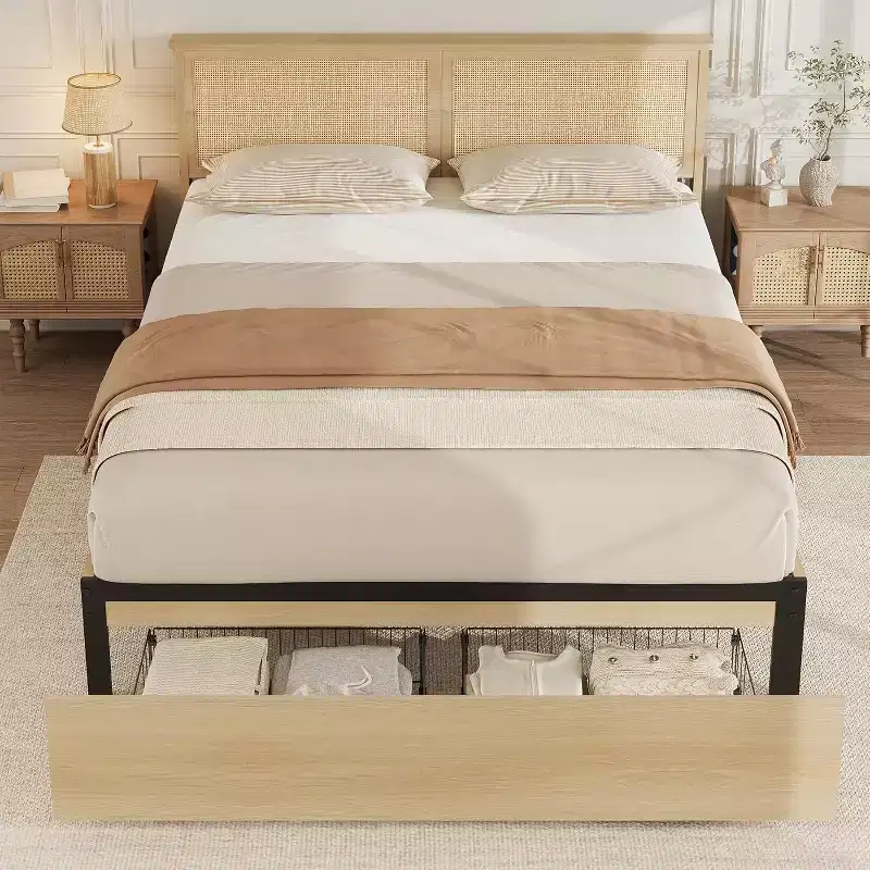 Boho Natural Rattan Bed Frame with Wooden Headboard, 2 Storage Drawers, RGB LED Lights, Sturdy Platform with Slats, No Box Spring Required