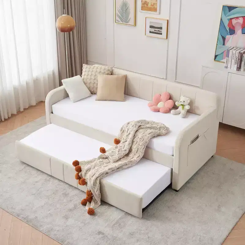 Twin Size Daybed with Trundle, Velvet Sofa Bed with USB Ports & Side Pockets for Living Room, Bedroom, Guest Room - ModernLuxe