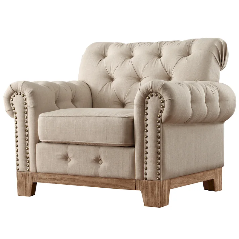 Tufted Scroll Arm Accent Chair with Nailhead Trim