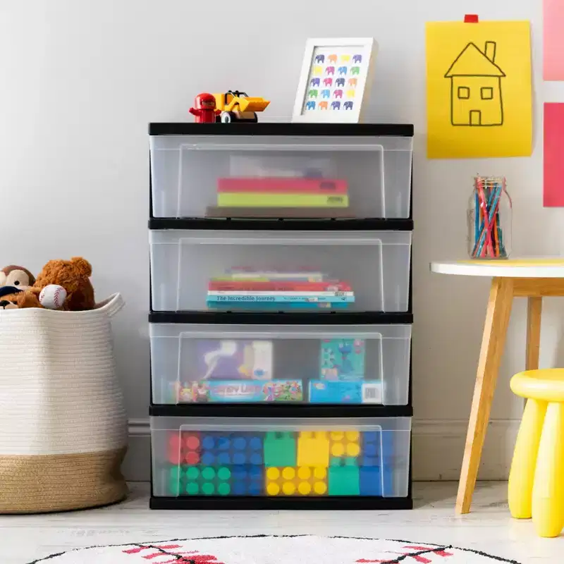 4-Drawer Wide Plastic Storage Chest - Black