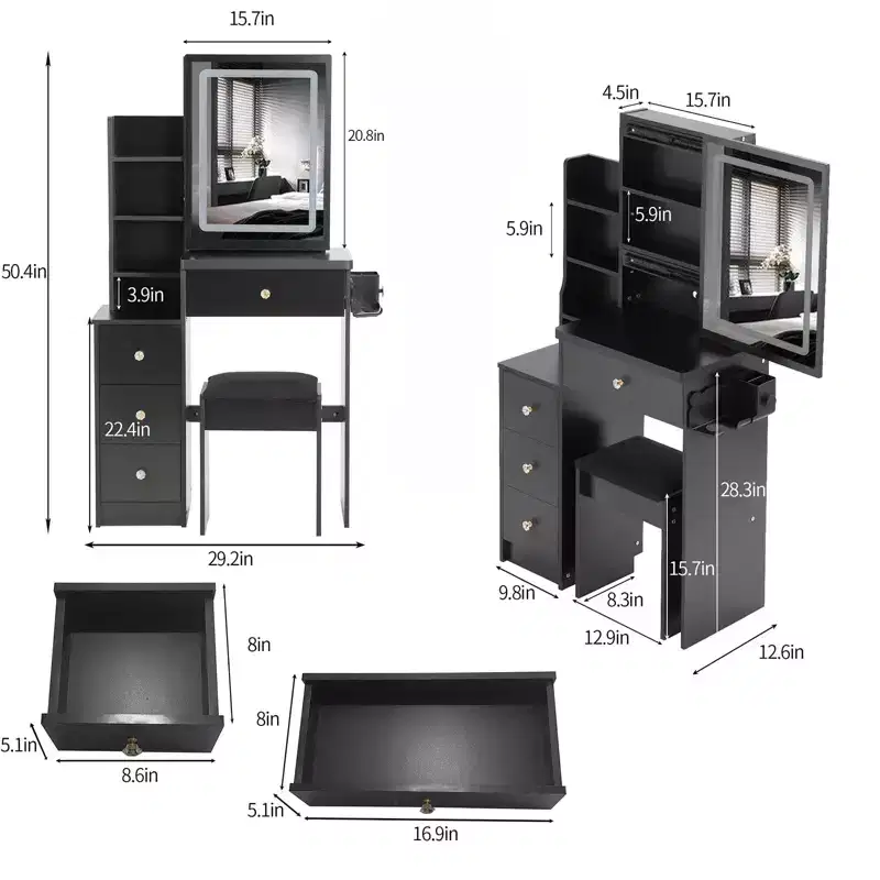 Small Vanity Desk with Mirror and Lights, Makeup Vanity Desk Drawers and Shelves, 3 Lighting Mode Adjustable Lighting, Dressing Table