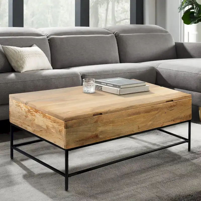 45 inch Lift Top Mango Wood Rectangular Coffee Table - Wood and Metal, Natural Brown and Black