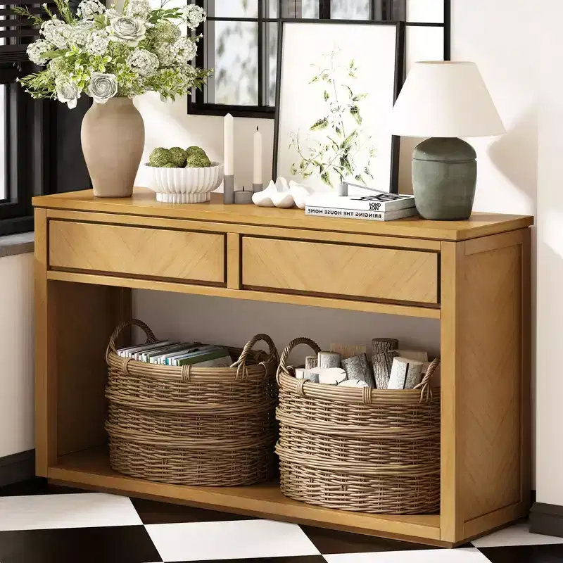 55IN Rustic Console Table with 2 Drawers, Entryway Table with Open Shelf, Hallway Table for Living Room, Bedroom, Foyer, Natural