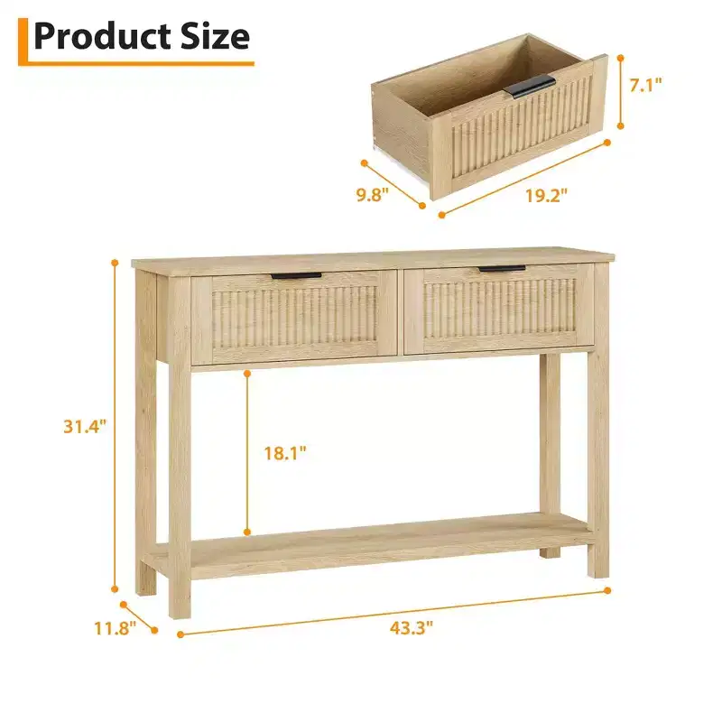 Console Sofa Table,2 Drawer Entryway Table with Wooden Surface, Open Shelf, Behind Couch Entry Foyer Hallway Storage, Natural