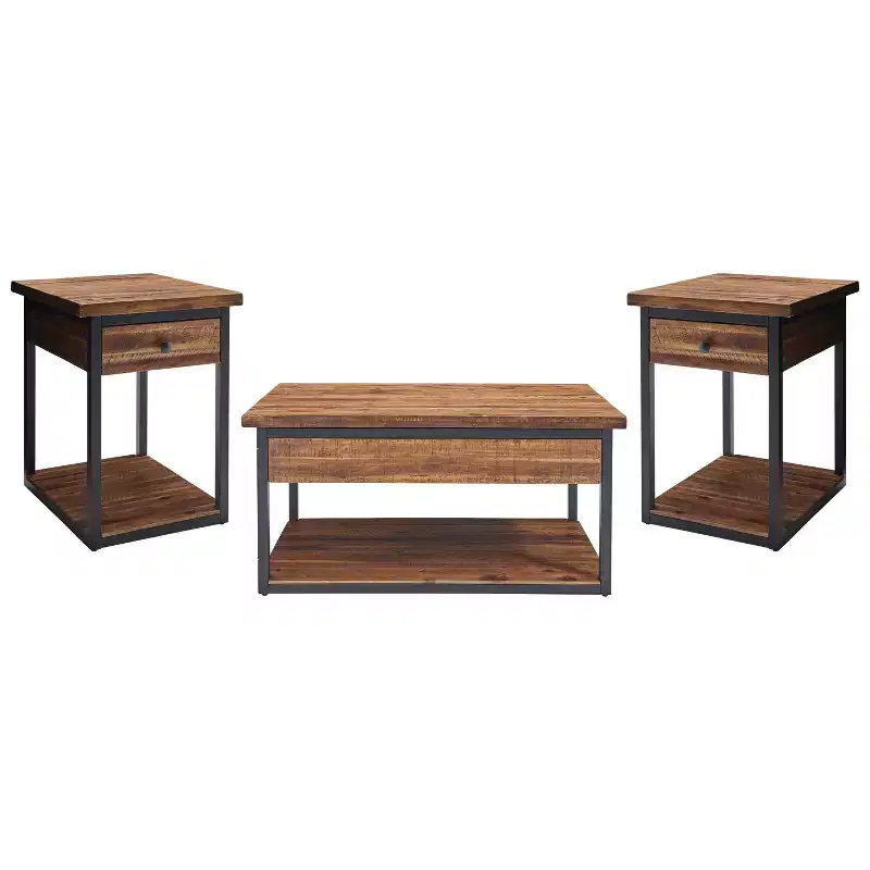 Claremont Rustic Wood Coffee Table and 2 End Tables Black - Alaterre Furniture: 3-Piece Set with Shelf & Drawers