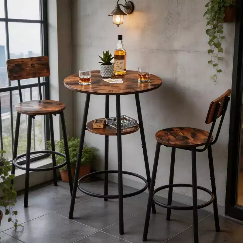 Round Bar Stool Set with Shelves, Rustic Backrest Stools for Home Bar and Kitchen