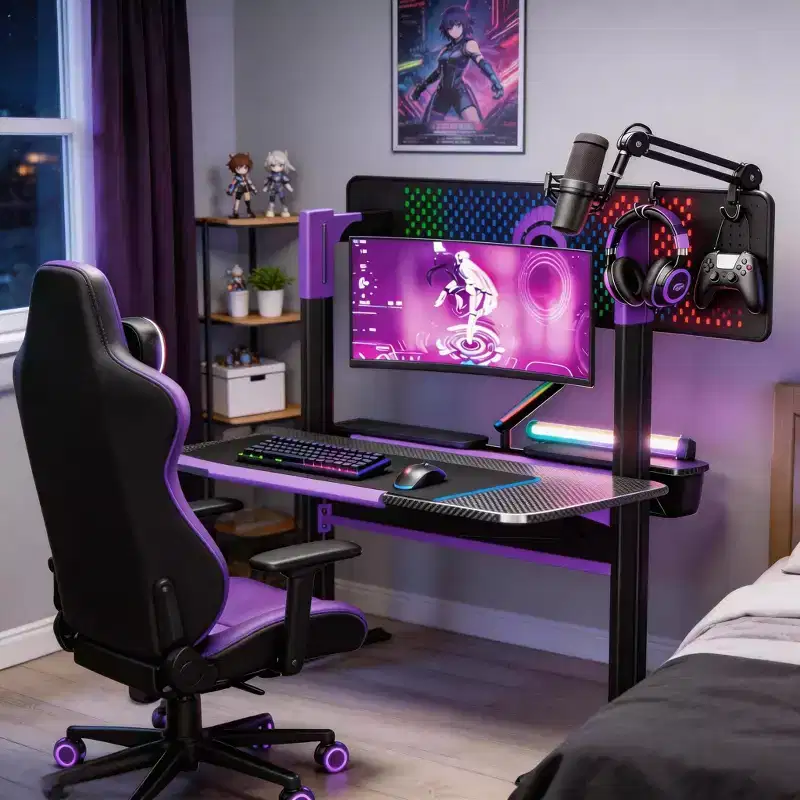 54''Gaming Desk wtih RGB Monitor Stand, LED Gamer Desk with Power Outlet, Ergonomic Computer Desk with Storage Boxes,Black