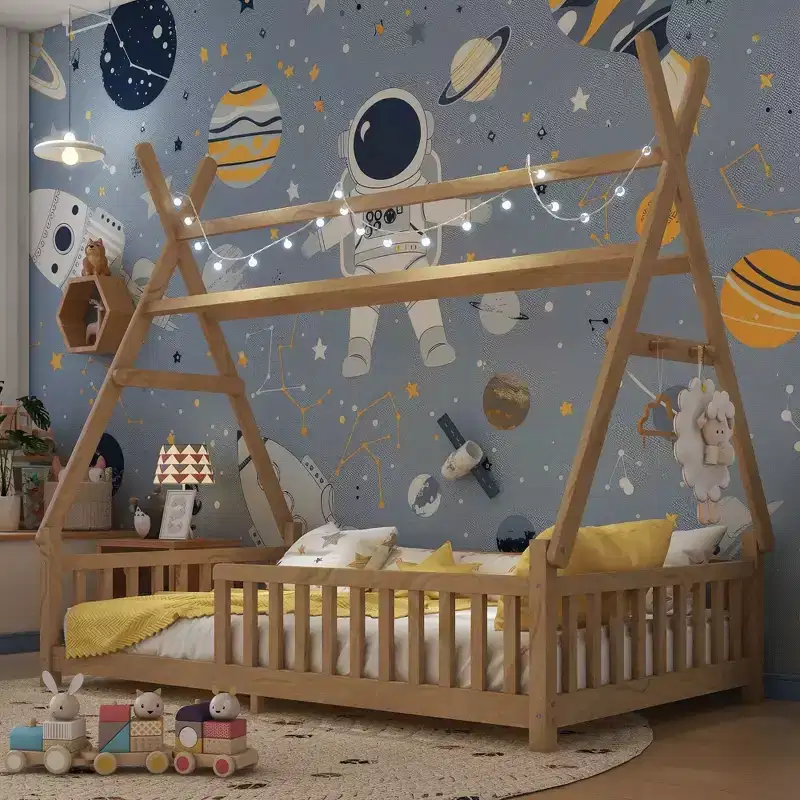 Twin/Full Size House Roof Floor Bed Frame with Fence & Decor Lights,Modern Student Bed for Bedroom,Kids Room,Playrooms