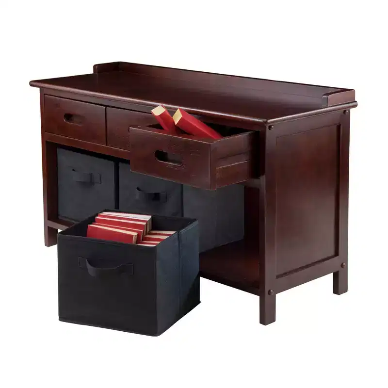 4pc Adriana Storage Bench Set with 3 Foldable Black Fabric Baskets Antique Walnut - Winsome: Entryway Cubby Organizer, Shoe Rack