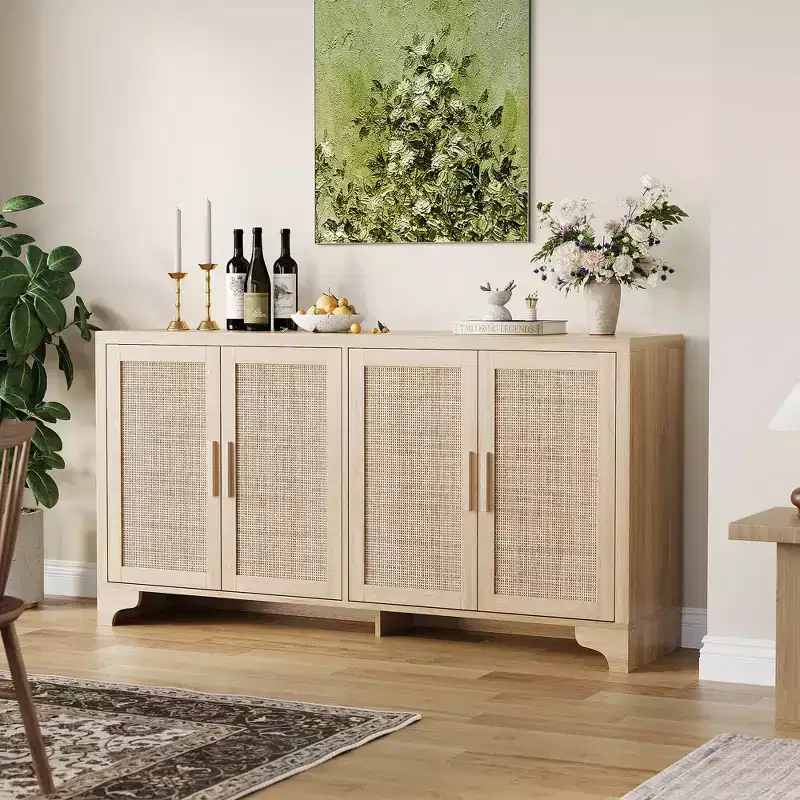 62 Inch Rattan Sideboard Buffet Cabinet, 4-Door Kitchen Storage Cabinet with Shelves